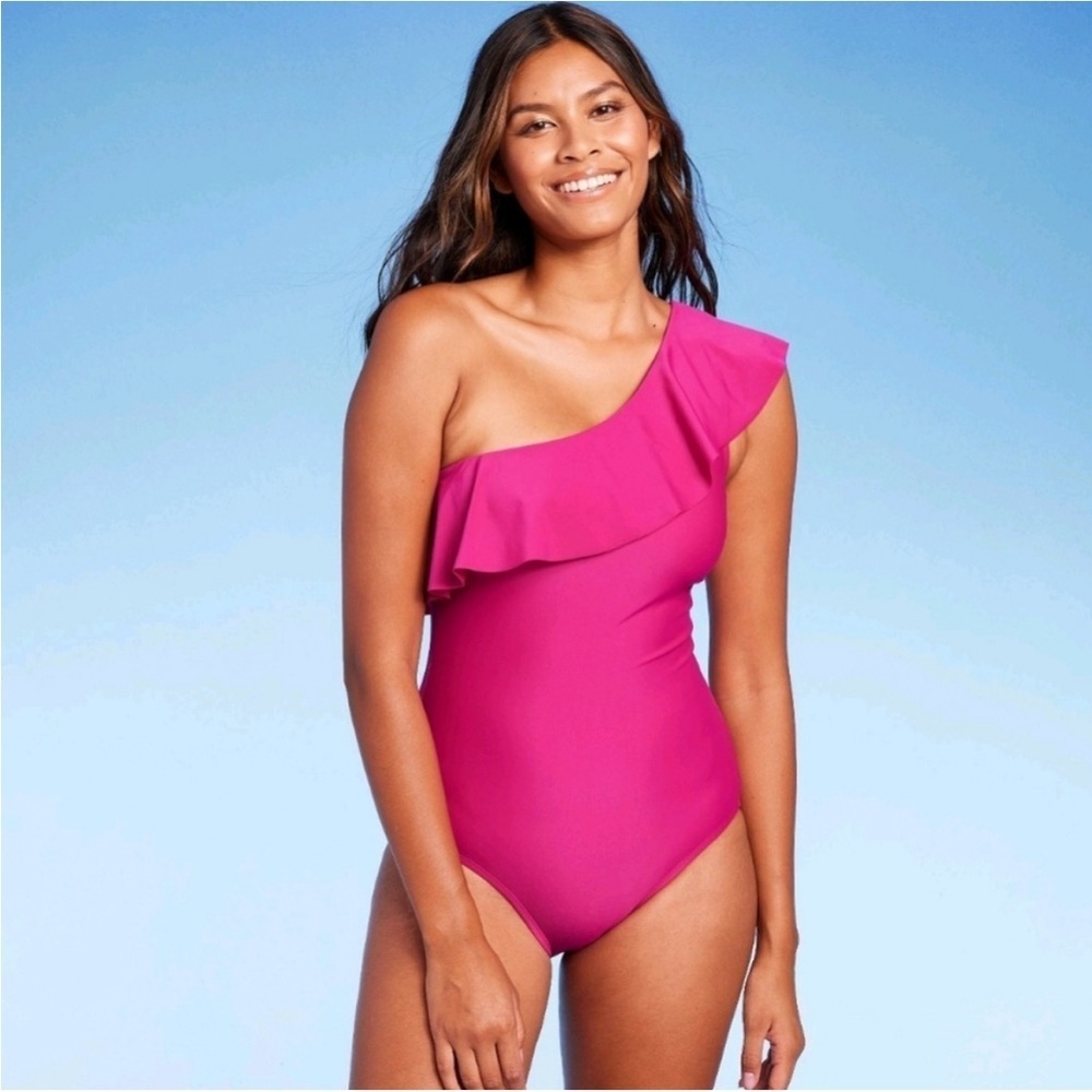 Kona Sol One Shoulder Ruffle Full Coverage One Piece Swimsuit Pink